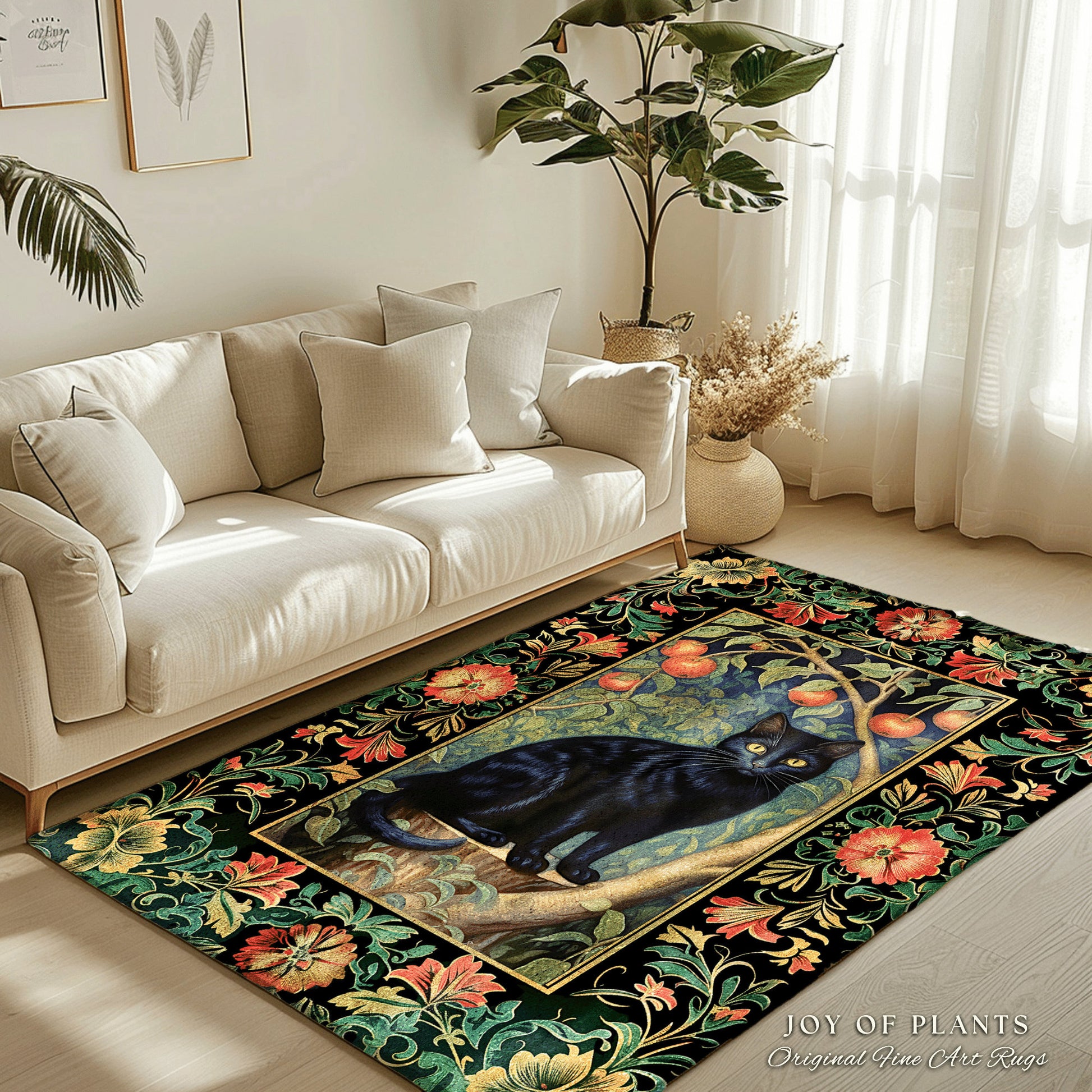 Black Cat Area Rug | Dark Woodland Aesthetic Cat Lover Decor William Morris Inspired Cottagecore Room Light Academia Mystical Throw Rug |