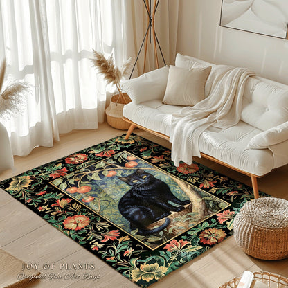 Black Cat Area Rug | Dark Woodland Aesthetic Cat Lover Decor William Morris Inspired Cottagecore Room Light Academia Mystical Throw Rug |