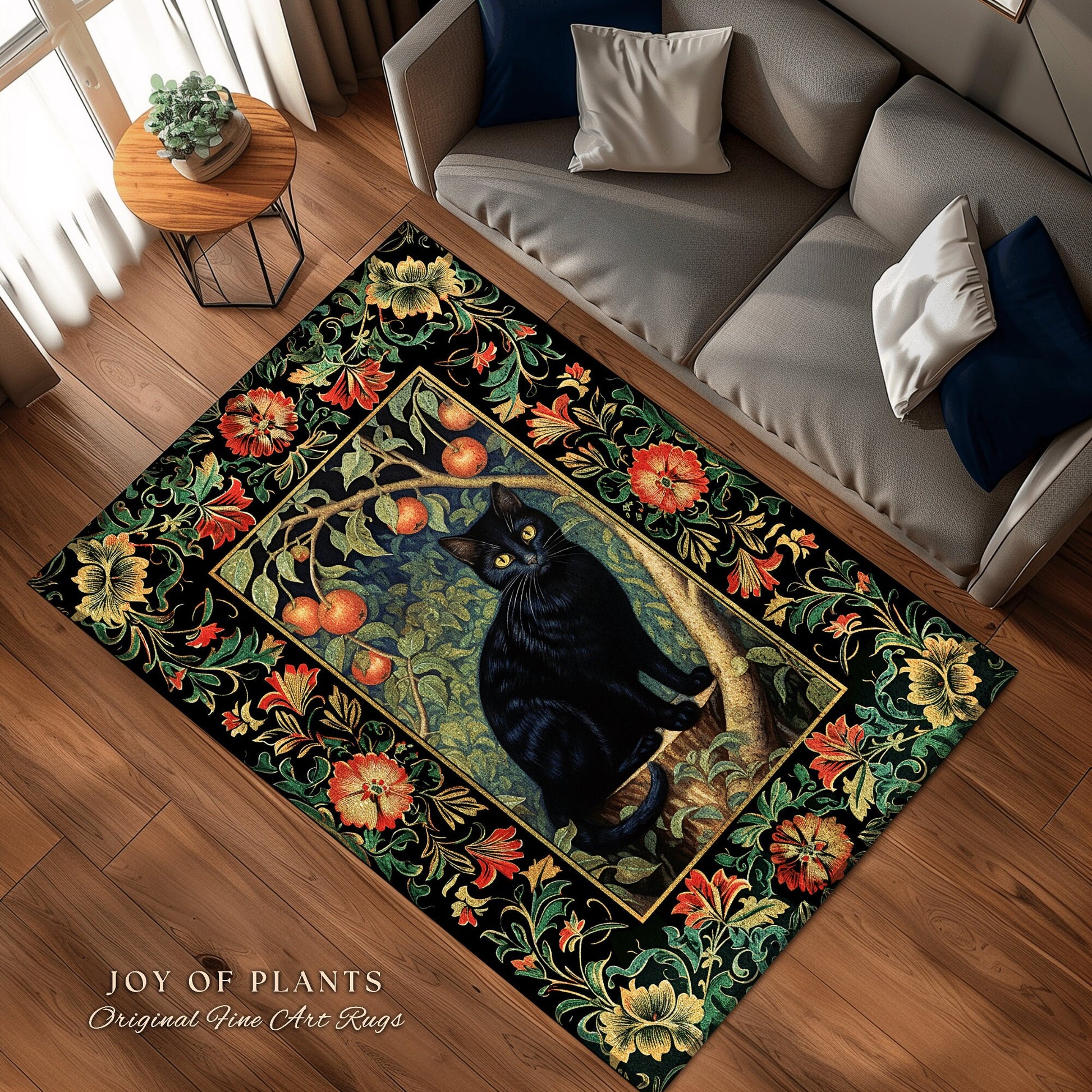 Black Cat Area Rug | Dark Woodland Aesthetic Cat Lover Decor William Morris Inspired Cottagecore Room Light Academia Mystical Throw Rug |