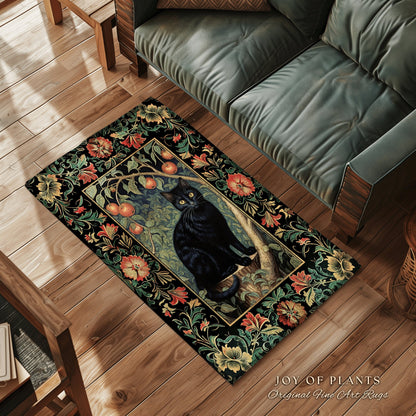 Black Cat Area Rug | Dark Woodland Aesthetic Cat Lover Decor William Morris Inspired Cottagecore Room Light Academia Mystical Throw Rug |