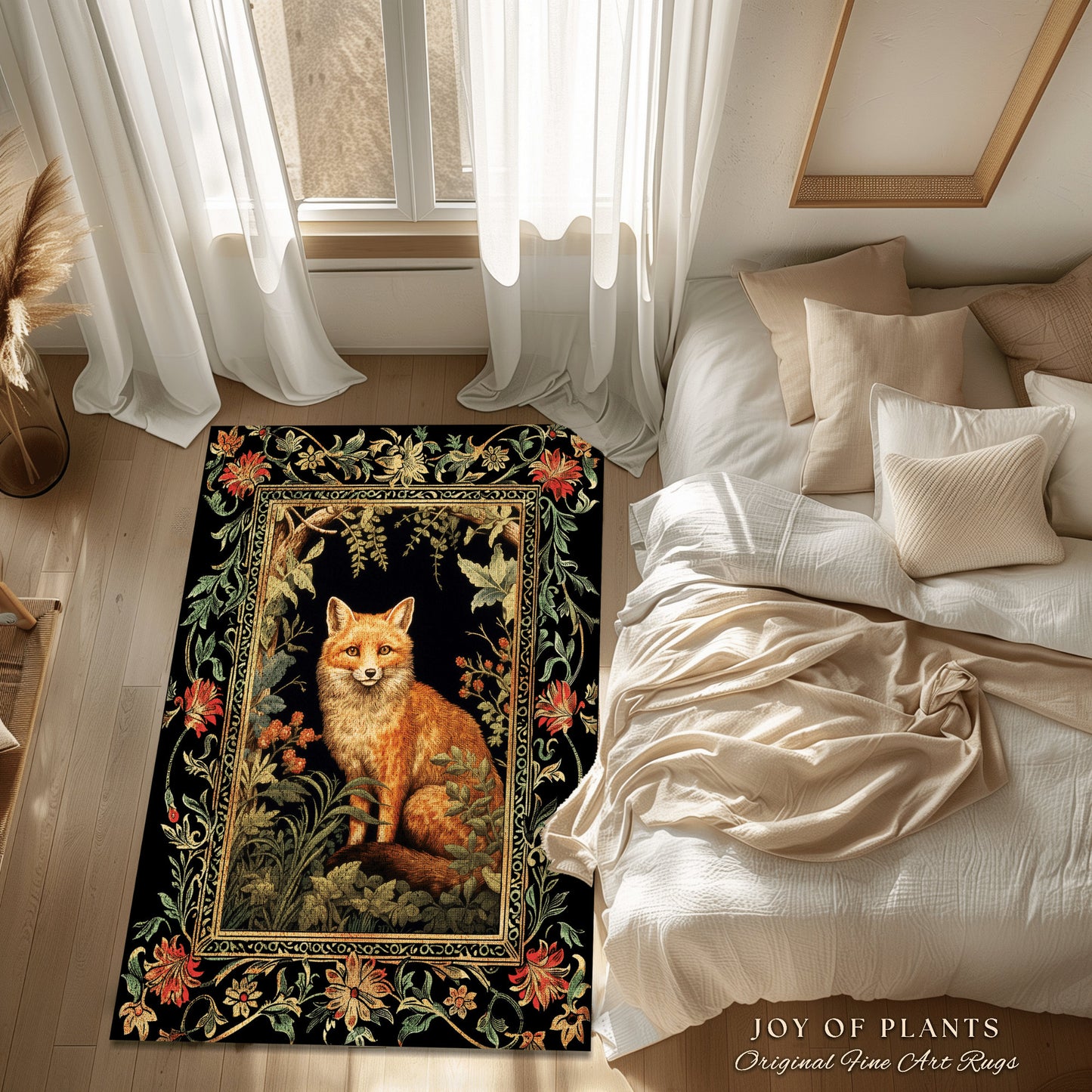 Eclectic Fox Area Rug | Whimsical Bedroom Decor William Morris Inspired Cottagecore Room Soft Aesthetic Dark Academia Style Rug Mystical