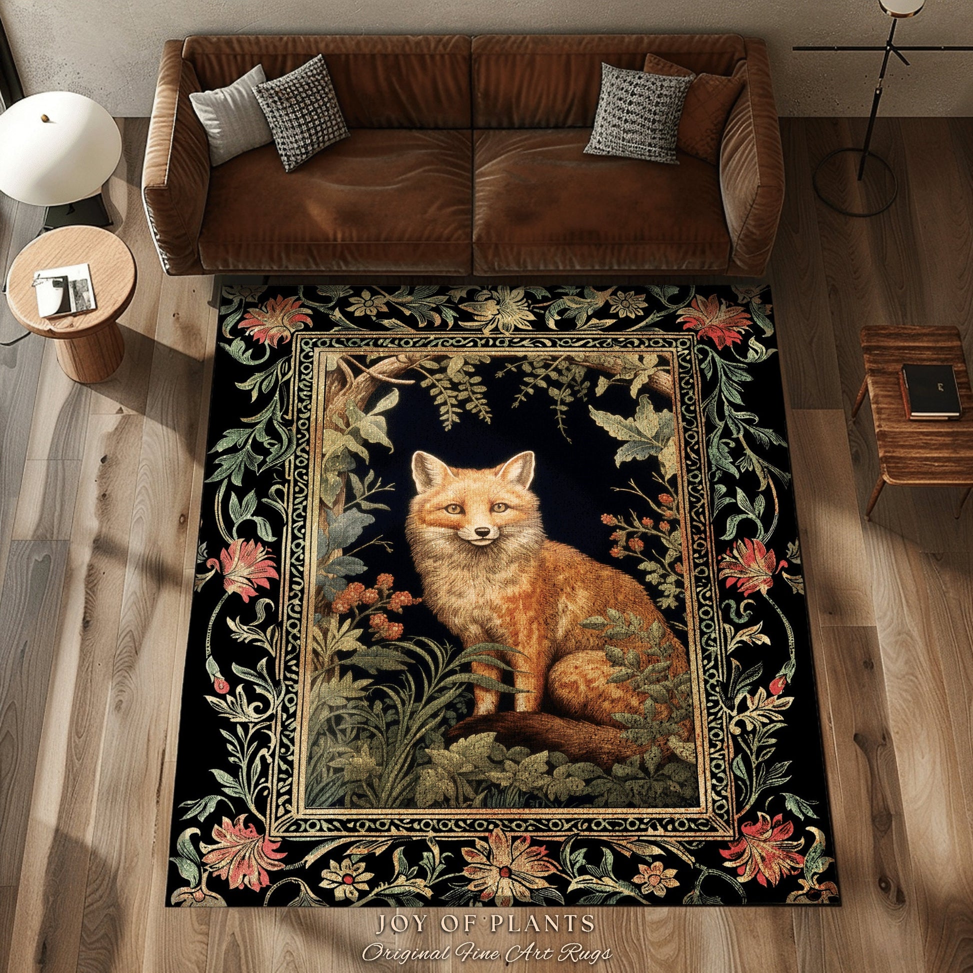 Eclectic Fox Area Rug | Whimsical Bedroom Decor William Morris Inspired Cottagecore Room Soft Aesthetic Dark Academia Style Rug Mystical