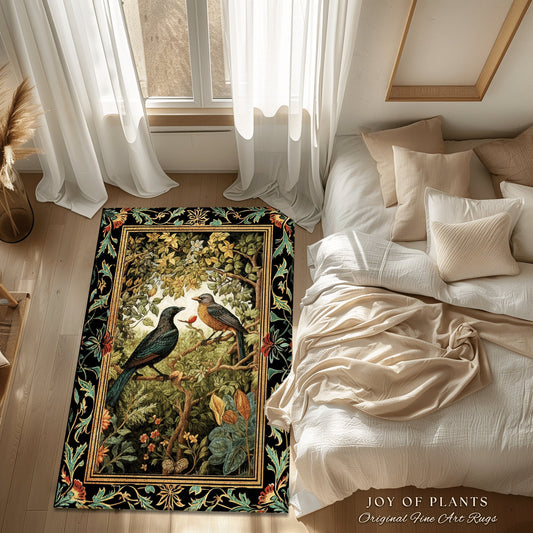 Woodland Birds Cottagecore Rug | Crowcore Bedroom Decor William Morris Inspired Victorian Room Dark Academia Style Rug Mystical Home Accent