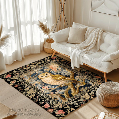 Whimsical Woodland Gothic Owl Rug Cottagegoth Decor | Boho Fairycore Botanical Decor Vintage Aesthetic Bird Lovers Gift Housewarming Owl Rug