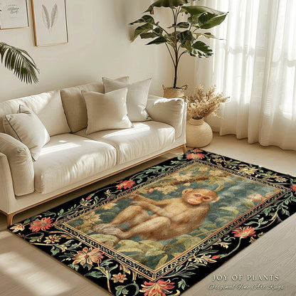Light Academia Round Monkey Rug Mystical Aesthetic | Pastel Floral Accent Botanical Woodland Decor William Morris Inspired Cottagecore Room