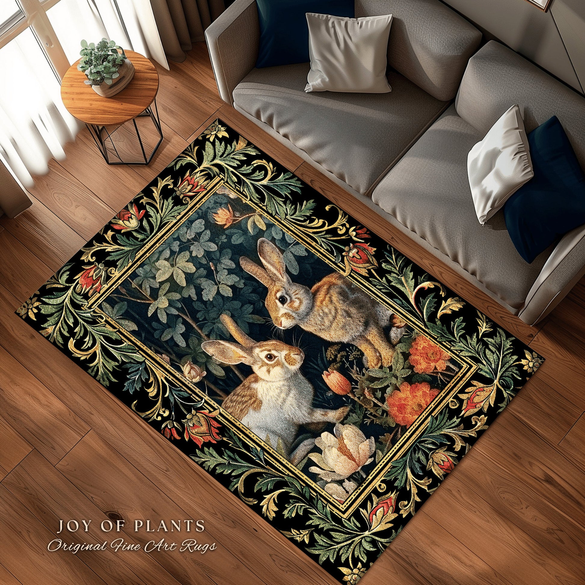 Botanical Bedroom Decor Round Rabbit Rug Morris Inspired Cottagecore Room Light Academia Style Forestcore | Cottagecore Bunnies Floral Rug