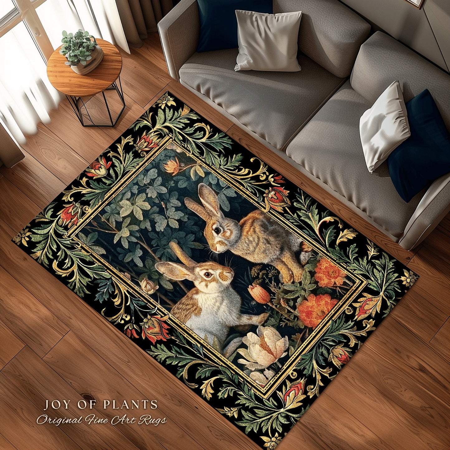 Botanical Bedroom Decor Round Rabbit Rug Morris Inspired Cottagecore Room Light Academia Style Forestcore | Cottagecore Bunnies Floral Rug