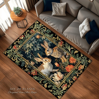 Botanical Bedroom Decor Round Rabbit Rug Morris Inspired Cottagecore Room Light Academia Style Forestcore | Cottagecore Bunnies Floral Rug