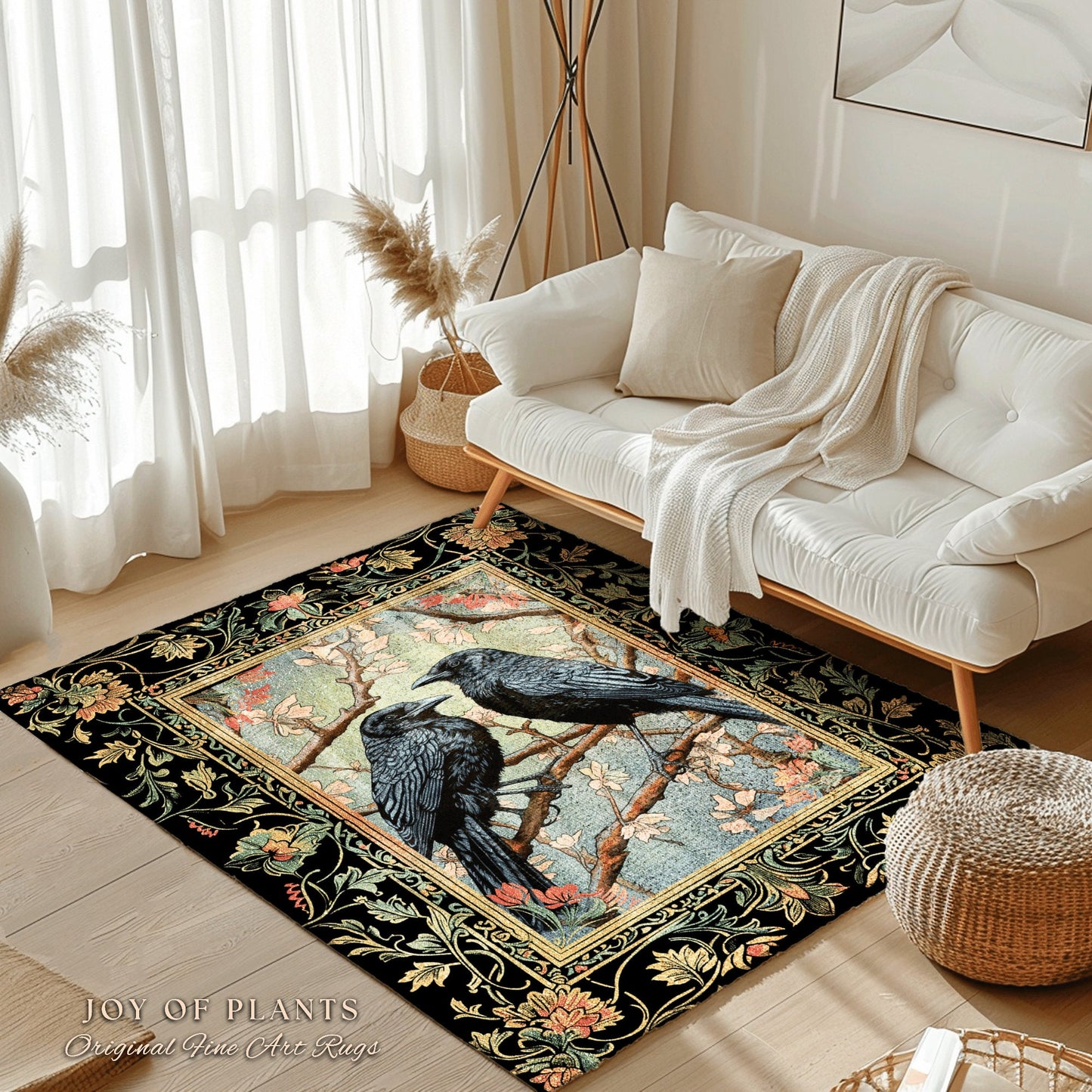 Woodland Fairycore Raven Whimsigoth Rug Victorian Gothic Decor | Enchanted Forest Round Rug Crow Lovers Nature Theme Whimsical Room Crowcore