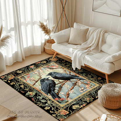 Floral Aesthetic Raven Rug | Crowcore Bedroom Decor William Morris Inspired Cottagecore Room Dark Academia Style Rug Mystical Home Accent