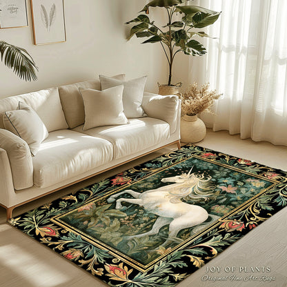 Fairytale Unicorn Rug | Botanical Bedroom Decor William Morris Inspired Cottagecore Room Light Academia Style Rug Mystical Folklore Decor