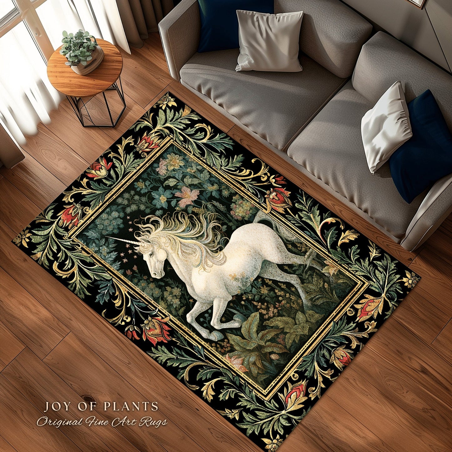 Fairytale Unicorn Rug | Botanical Bedroom Decor William Morris Inspired Cottagecore Room Light Academia Style Rug Mystical Folklore Decor