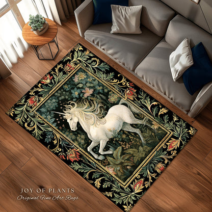 Fairytale Unicorn Rug | Botanical Bedroom Decor William Morris Inspired Cottagecore Room Light Academia Style Rug Mystical Folklore Decor