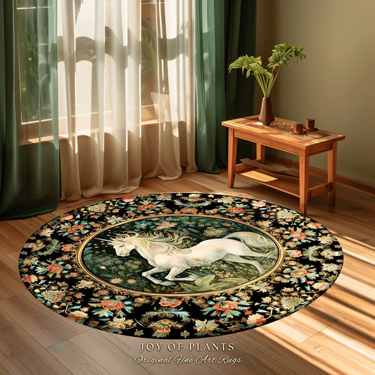 Fairytale Unicorn Rug | Botanical Bedroom Decor William Morris Inspired Cottagecore Room Light Academia Style Rug Mystical Folklore Decor