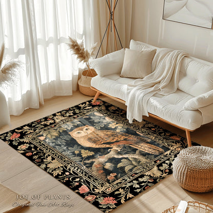 Celestial Owl Rug | Ethereal Bedroom William Morris Inspired Cottagecore Owl Whimsical Room Soft Aesthetic Dark Academia Style Floral |