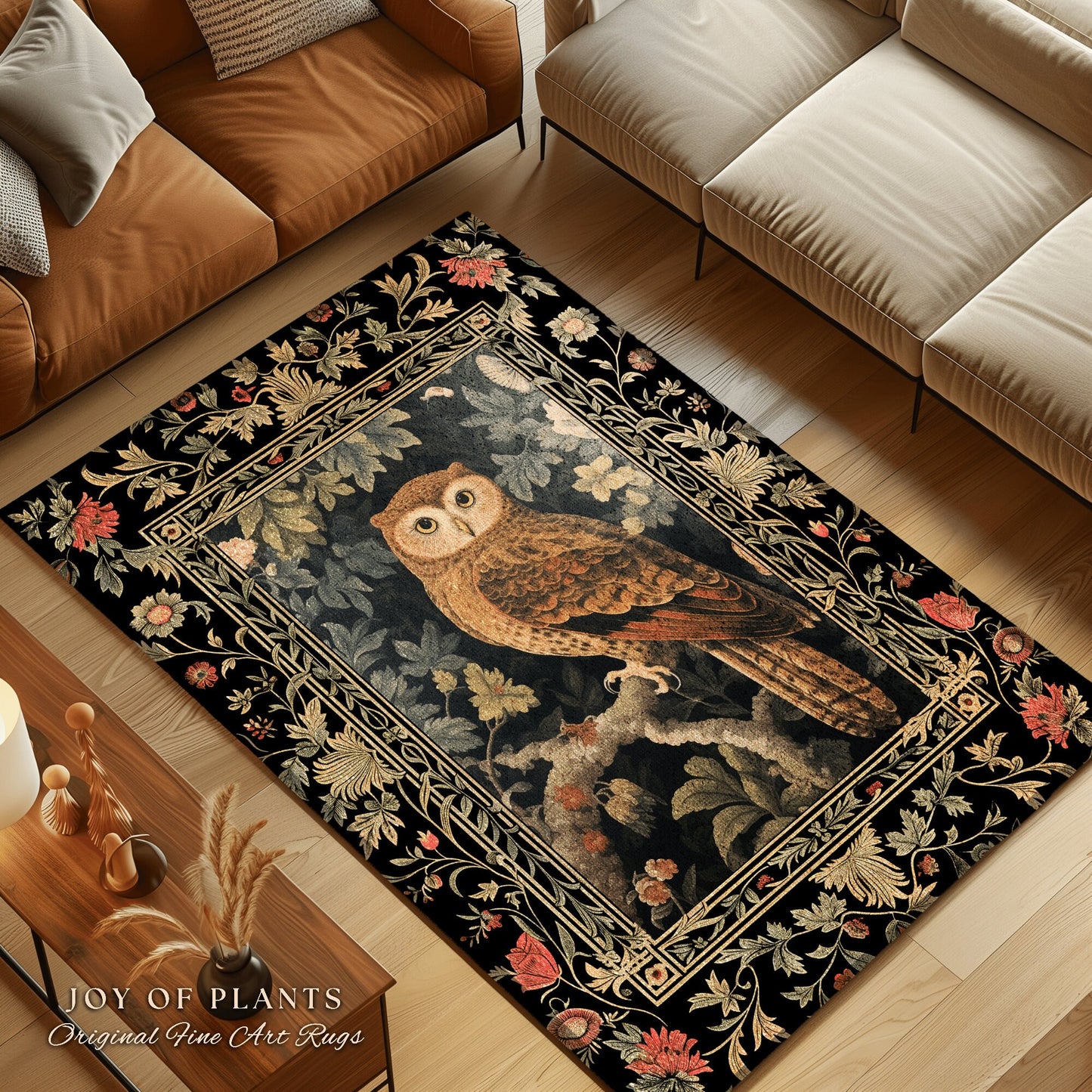 Celestial Owl Rug | Ethereal Bedroom William Morris Inspired Cottagecore Owl Whimsical Room Soft Aesthetic Dark Academia Style Floral |