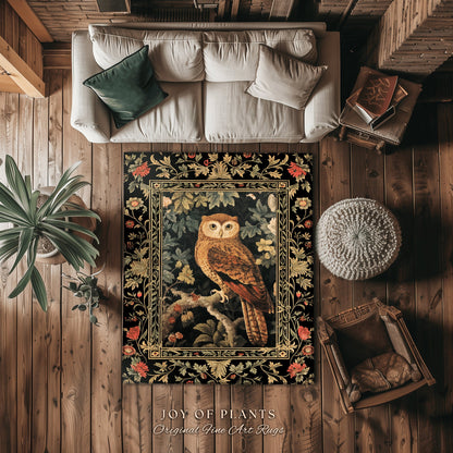 Celestial Owl Rug | Ethereal Bedroom William Morris Inspired Cottagecore Owl Whimsical Room Soft Aesthetic Dark Academia Style Floral |