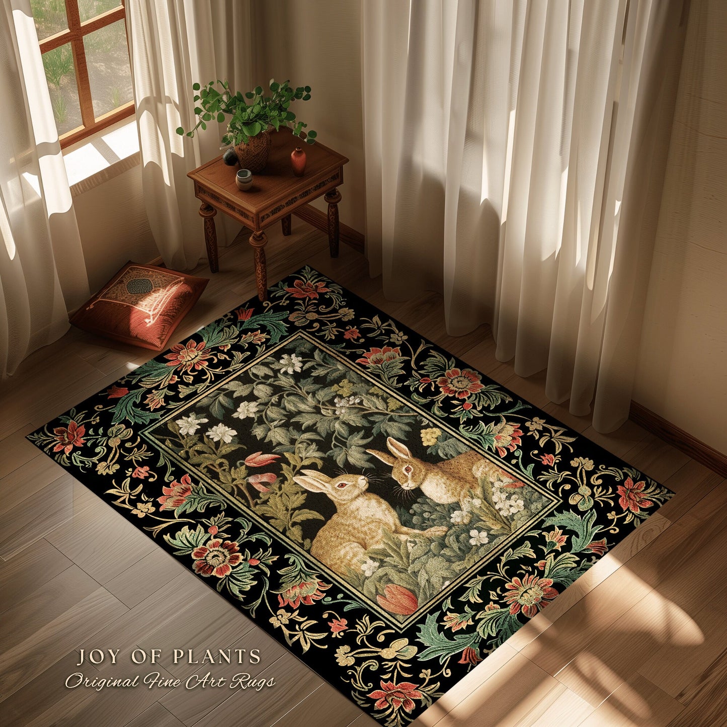 Dark Forest Rabbit Rug | Botanical Bedroom Decor William Morris Inspired Cottagecore Room Light Academia Style Rug Home Victorian Floral