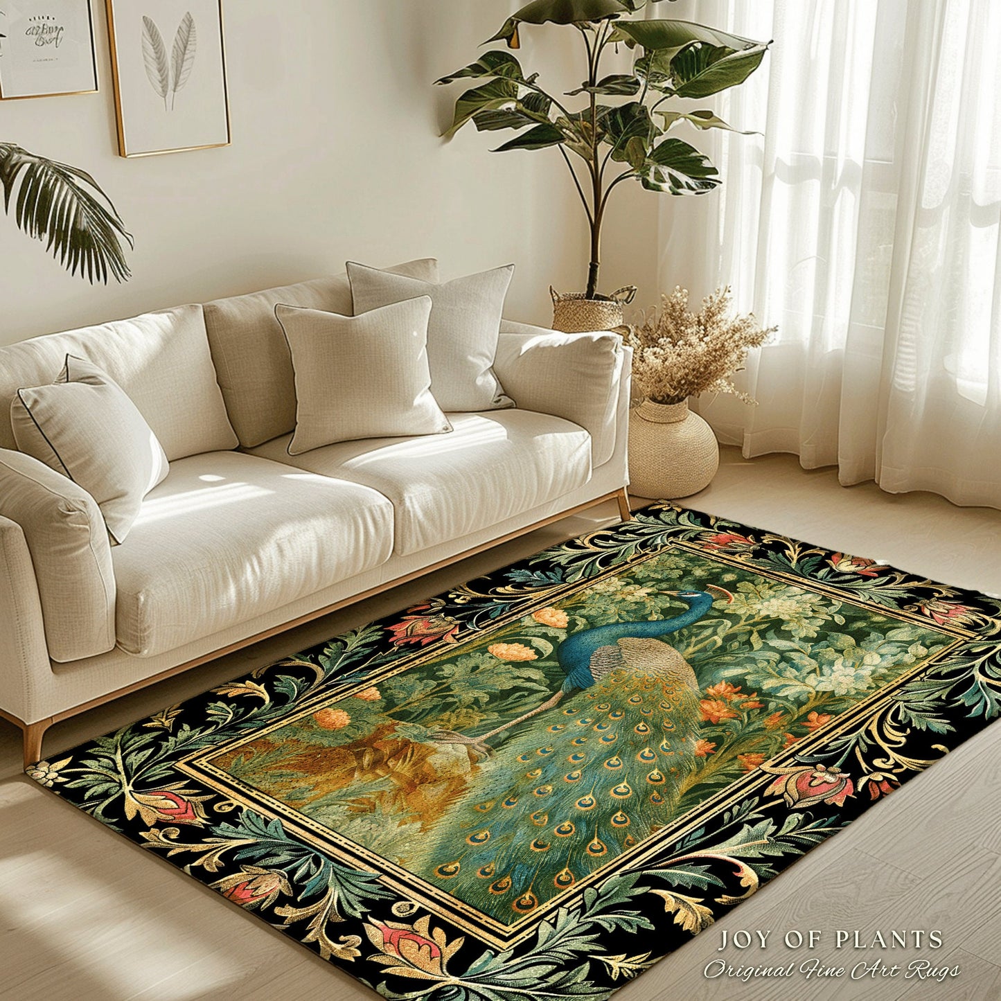 Peacock Area Rug Botanical | Floral Bedroom Decor William Morris Style Cottagecore Room Dark Academia Royalcore Rug Mystical Crowcore Art |