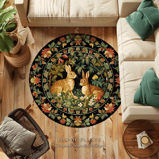 Dark Forest Rabbit Rug | Botanical Bedroom Decor William Morris Inspired Cottagecore Room Light Academia Style Rug Home Victorian Floral