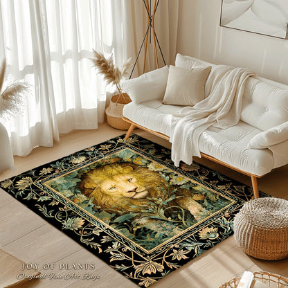 Dark Jungle Lion Botanical Rug Dark Academia Decor | King of the Jungle Morris Inspired Dark Cottagecore Floral Decor Gift for Lion Lovers