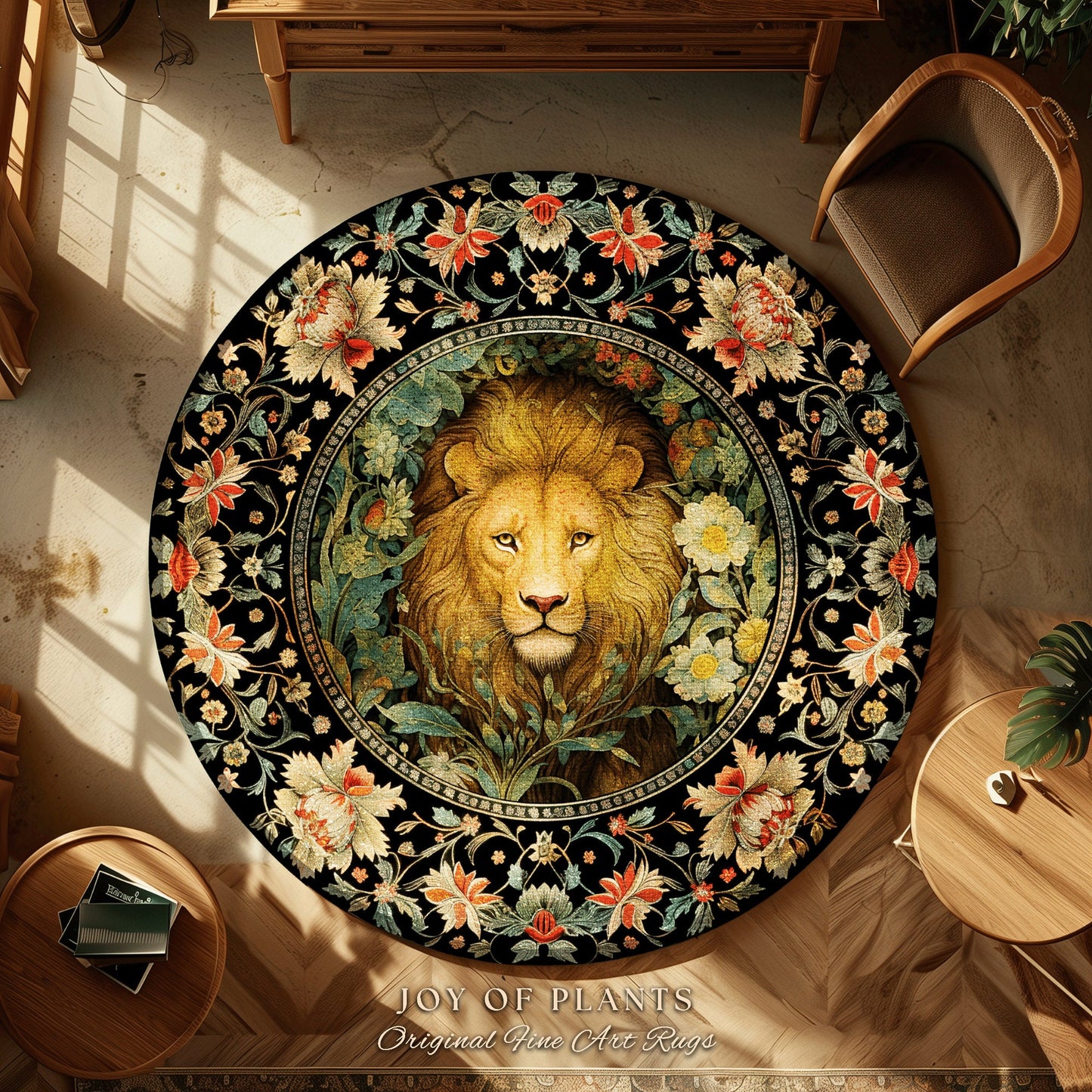 Dark Jungle Lion Botanical Rug Dark Academia Decor | King of the Jungle Morris Inspired Dark Cottagecore Floral Decor Gift for Lion Lovers