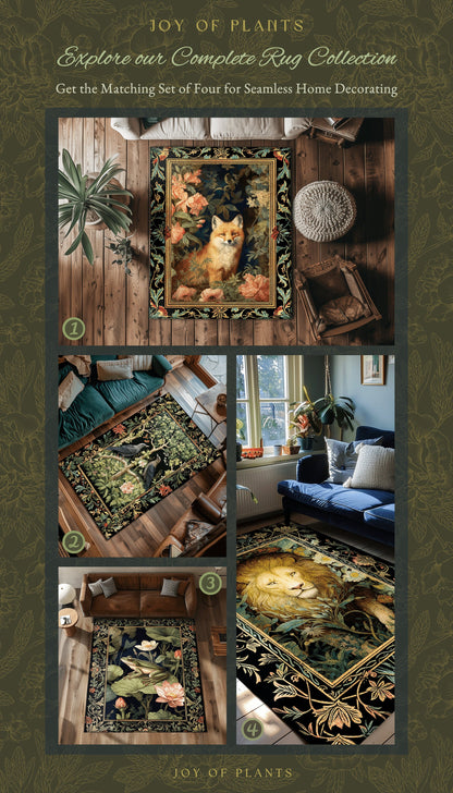 Fairycore Fox Area Rug | Ethereal Bedroom Decor William Morris Inspired Cottagecore Room Soft Aesthetic Light Academia Style Rug Mystical