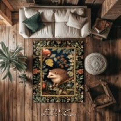 Nature Area Rug Hedge Hog | Woodland Aesthetic Bedroom Decor William Morris Inspired Cottagecore Room Light Academia Mystical Throw Rug |