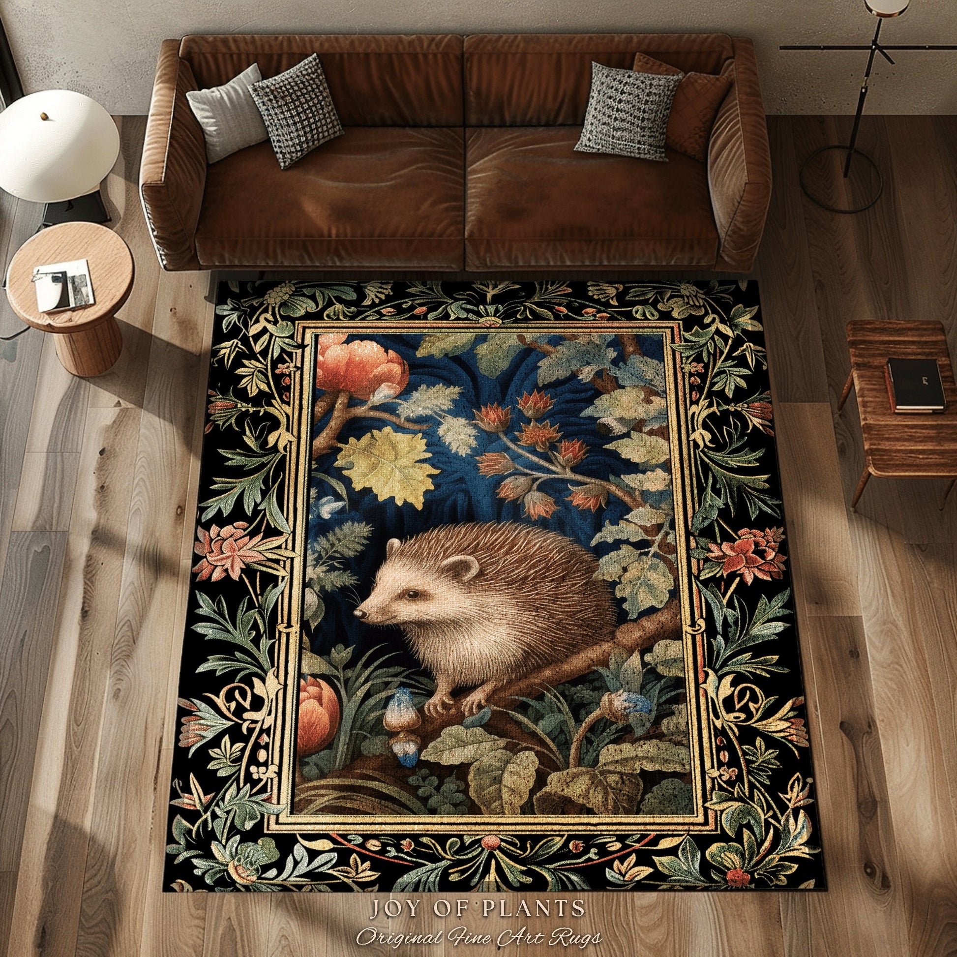 Nature Area Rug Hedge Hog | Woodland Aesthetic Bedroom Decor William Morris Inspired Cottagecore Room Light Academia Mystical Throw Rug |