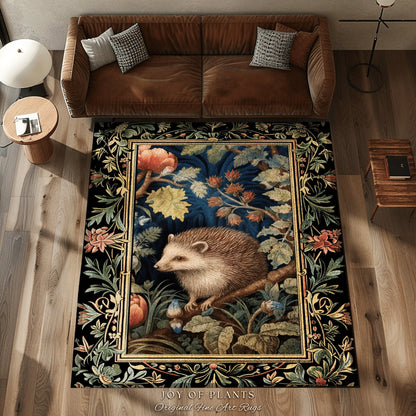 Woodland Aesthetic Bedroom Decor William Morris Inspired Cottagecore Room Light Academia Mystical Throw Rug | Nature Area Rug Hedge Hog |