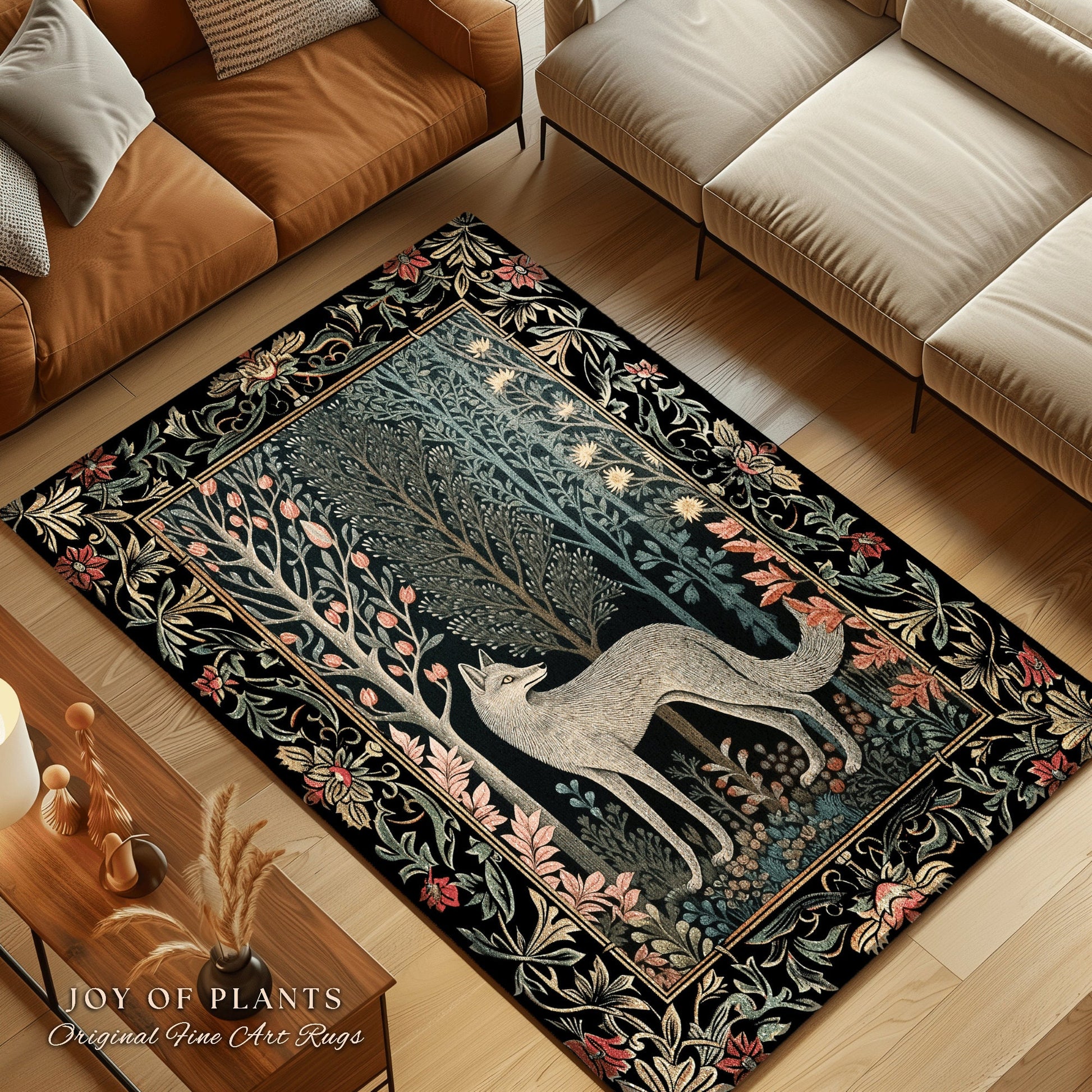 Pastel Scandinavian Wolf Rug | Nordic Aesthetic Bedroom Decor William Morris Inspired Cottagecore Room Dark Academia Accent Rug Mystical |