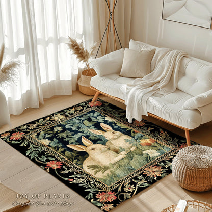 Bunny Rabbit Floral Rug | Botanical Bedroom Decor William Morris Inspired Cottagecore Room Light Academia Style Rug Mystical Home Accent