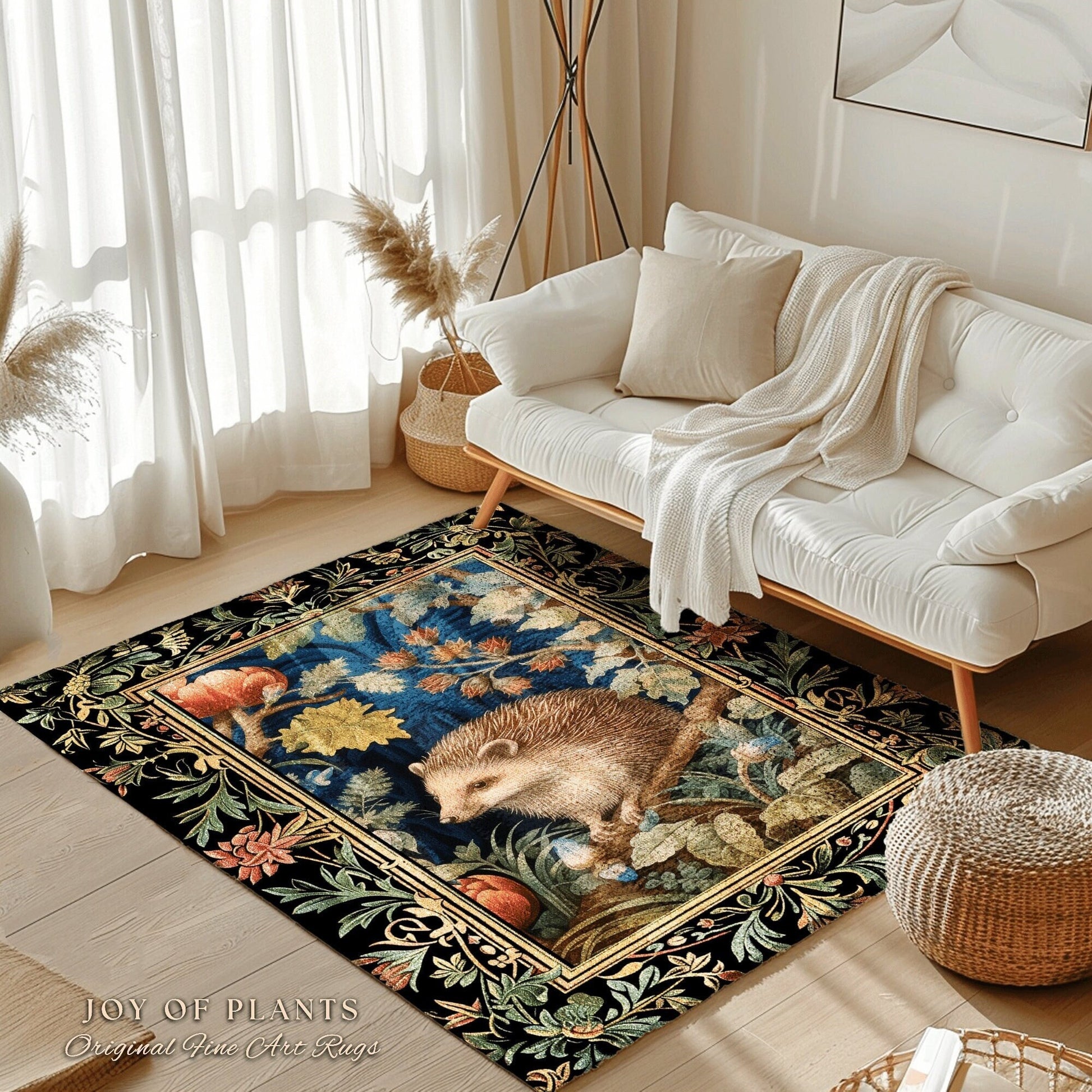 Nature Area Rug Hedge Hog | Woodland Aesthetic Bedroom Decor William Morris Inspired Cottagecore Room Light Academia Mystical Throw Rug |