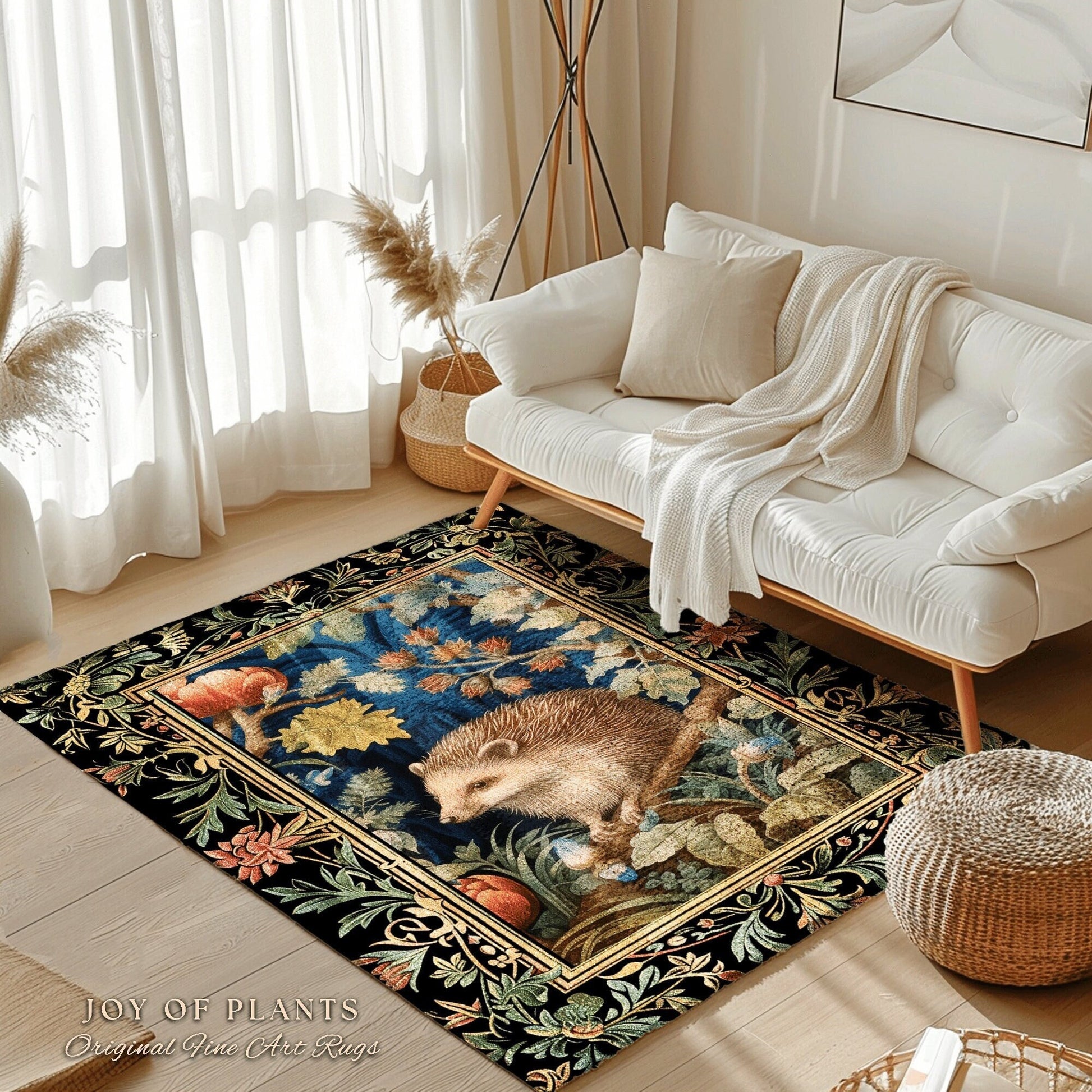 Woodland Aesthetic Bedroom Decor William Morris Inspired Cottagecore Room Light Academia Mystical Throw Rug | Nature Area Rug Hedge Hog |