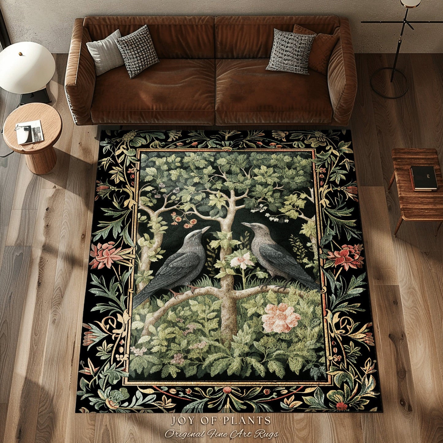 Woodland Forest Crow Rug | Eclectic Bedroom Decor William Morris Inspired Cottagecore Room Dark Academia Style Rug Mystical Crowcore Art