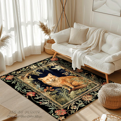 Folklore Fox Rug Botanical | Woodland Nature Bedroom Decor William Morris Inspired Cottagecore Room Soft Aesthetic Dark Academia Style Rug |