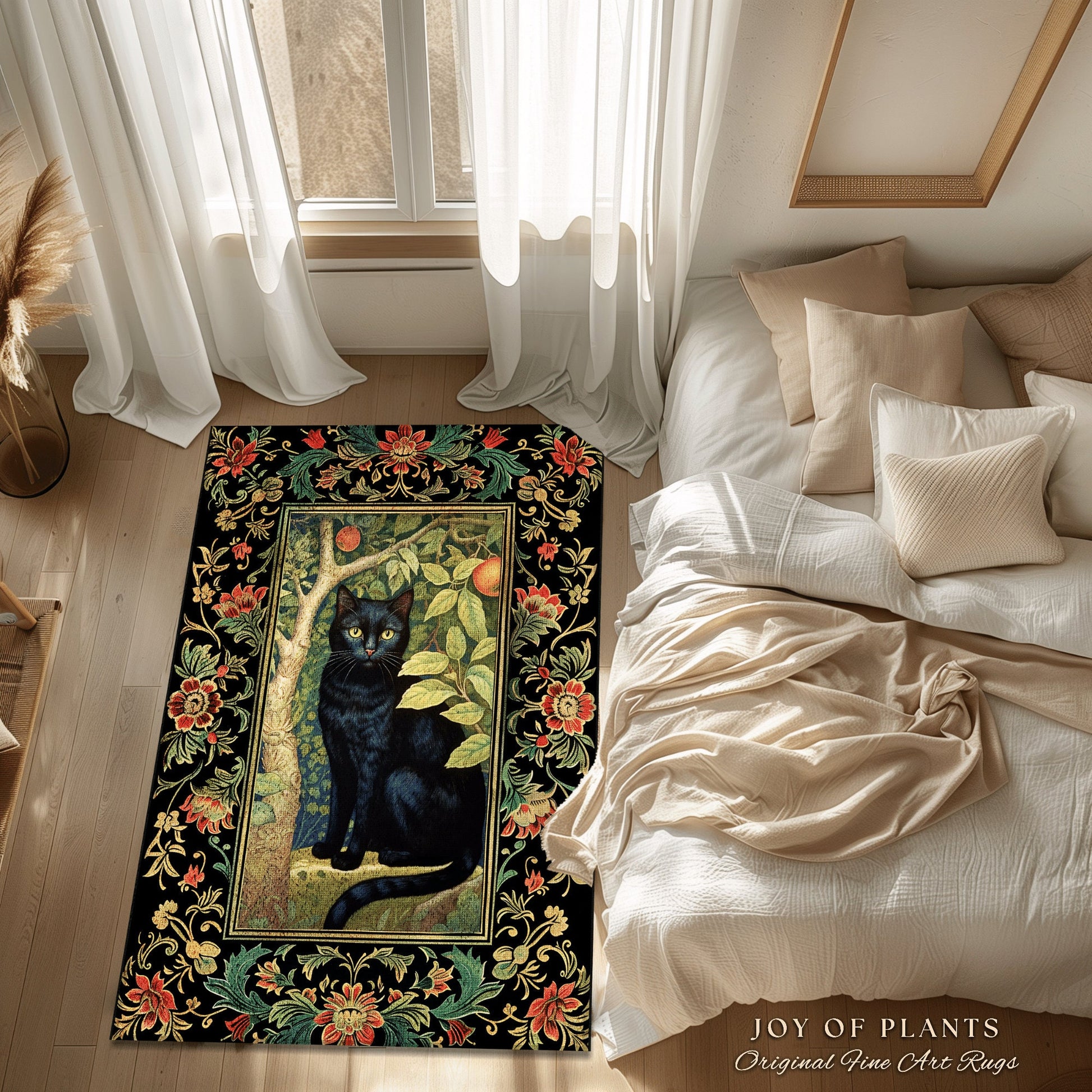 Mystical Black Cat Area Rug | Dark Woodland Aesthetic Cat Lover Decor William Morris Inspired Cottagecore Room Dark Academia Book Nook Rug