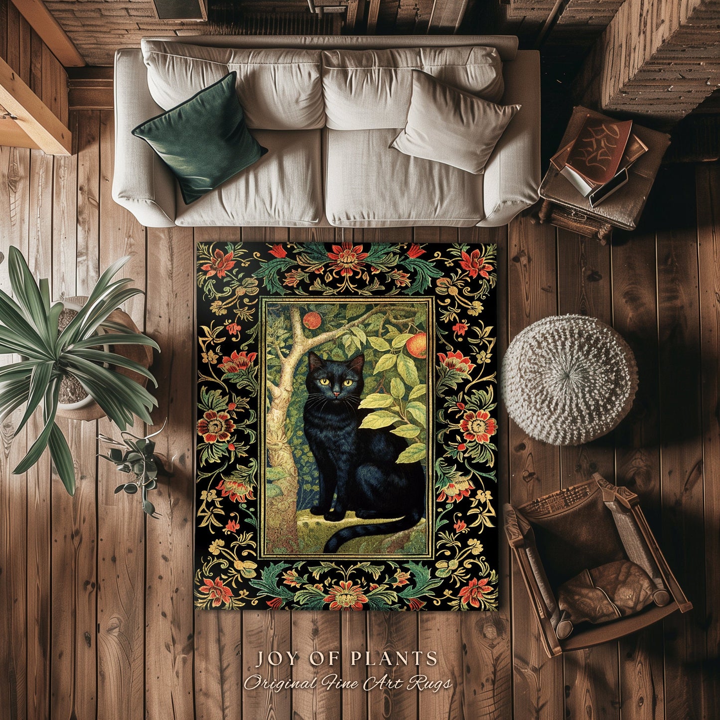 Mystical Black Cat Area Rug | Dark Woodland Aesthetic Cat Lover Decor William Morris Inspired Cottagecore Room Dark Academia Book Nook Rug