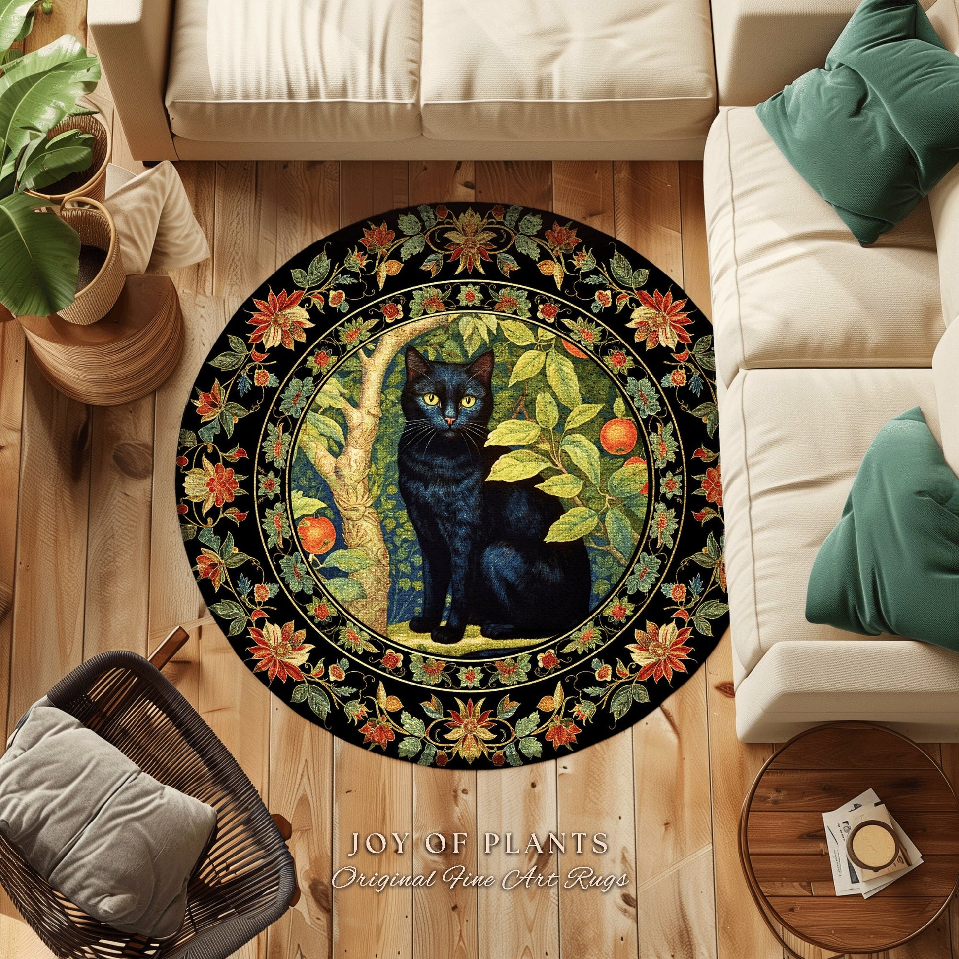 Dark Woodland Vintage Aesthetic Mystical Black Cat Rug | Whimsigoth Cottagecore Cat Lover Decor Forestcore Morris Inspired Dark Academia Rug