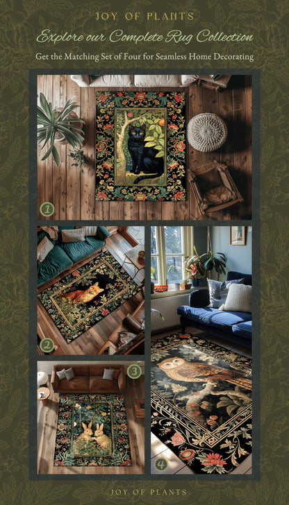 Mystical Black Cat Area Rug | Dark Woodland Aesthetic Cat Lover Decor William Morris Inspired Cottagecore Room Dark Academia Book Nook Rug