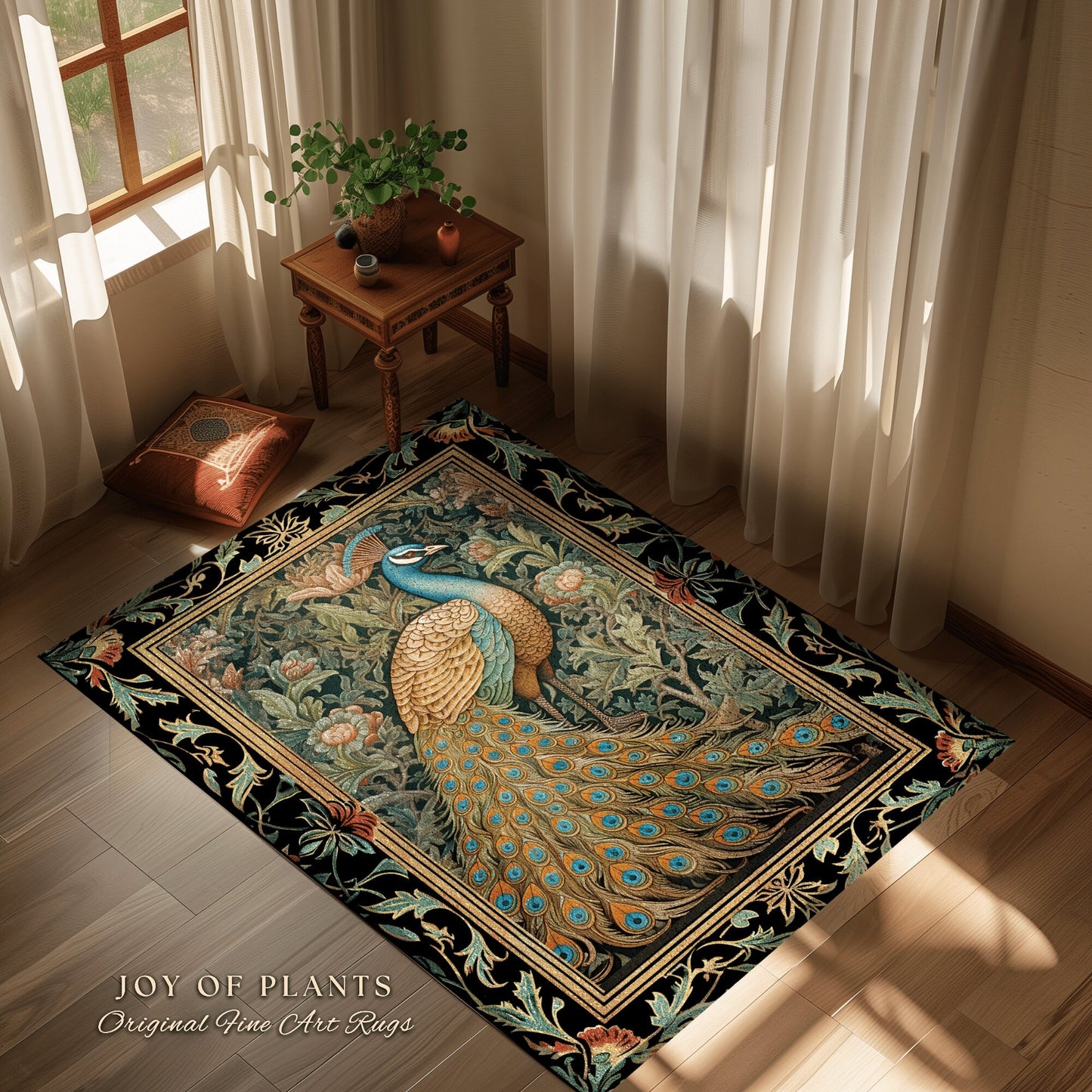 Eclectic Peacock Area Rug | Whimsical Bedroom Decor William Morris Style Cottagecore Room Dark Academia Royalcore Rug Maximalist Art |