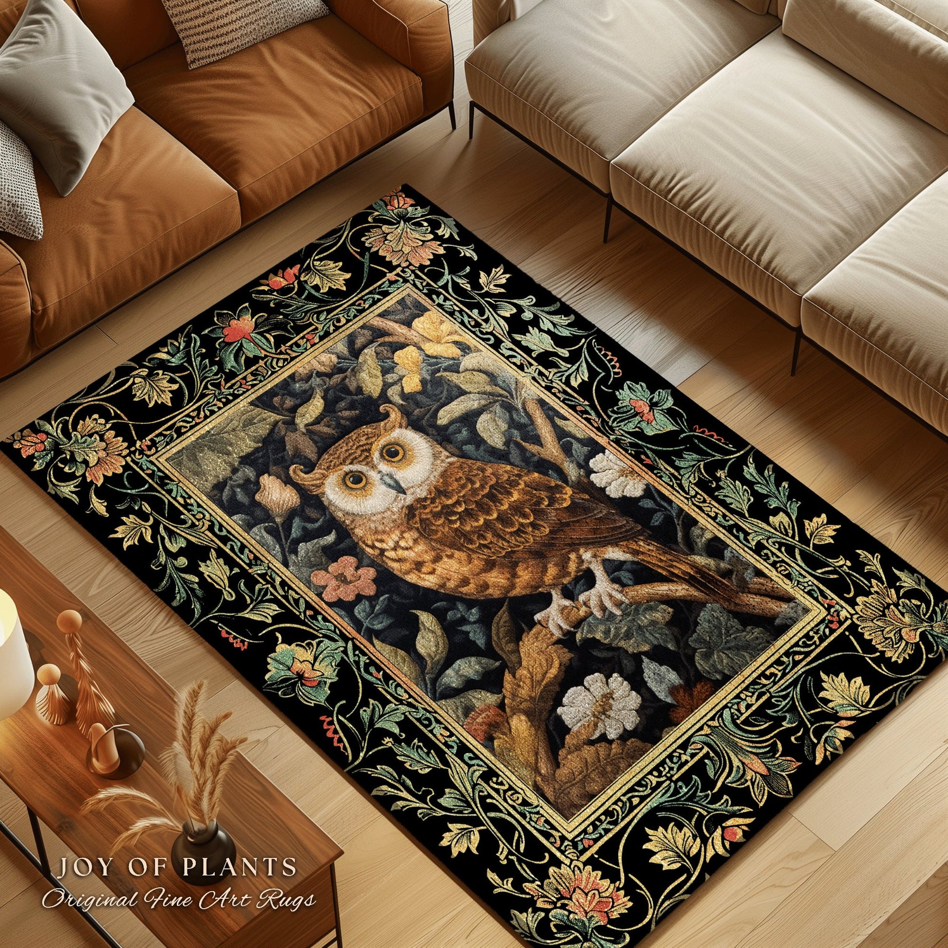 Whimsigoth Owl Area Rug | Ethereal Book Nook Decor William Morris Inspired Gift for Reader Whimsical Room Soft Aesthetic Dark Academia Style