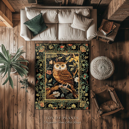 Whimsigoth Owl Area Rug | Ethereal Book Nook Decor William Morris Inspired Gift for Reader Whimsical Room Soft Aesthetic Dark Academia Style