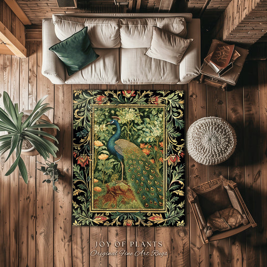 Peacock Area Rug Botanical | Floral Bedroom Decor William Morris Style Cottagecore Room Dark Academia Royalcore Rug Mystical Crowcore Art |