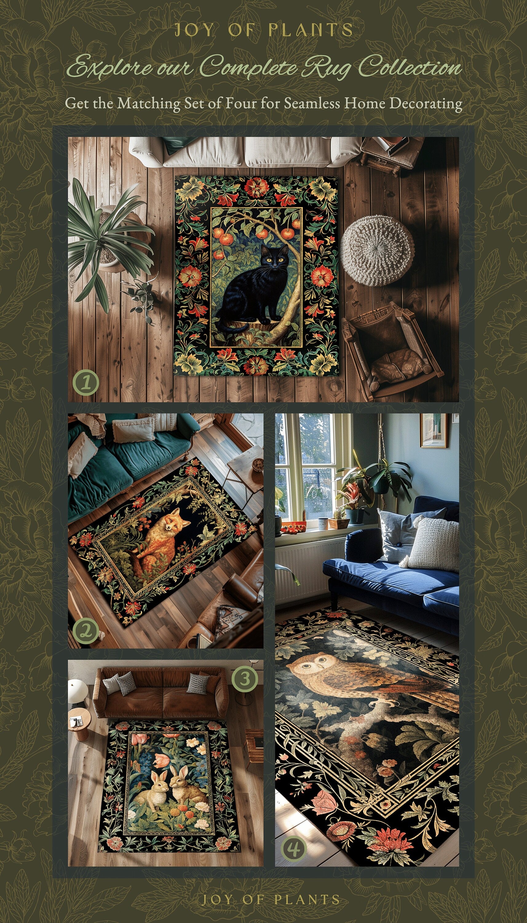 Black Cat Area Rug | Dark Woodland Aesthetic Cat Lover Decor William Morris Inspired Cottagecore Room Light Academia Mystical Throw Rug |