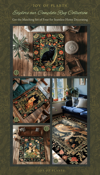 Black Cat Area Rug | Dark Woodland Aesthetic Cat Lover Decor William Morris Inspired Cottagecore Room Light Academia Mystical Throw Rug |