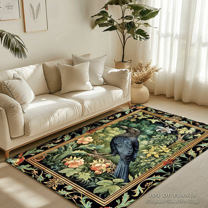 Cozy Aesthetic Crow Rug | Witchy Bedroom Decor William Morris Inspired Cottagecore Room Dark Academia Style Rug Mystical Crowcore Art |