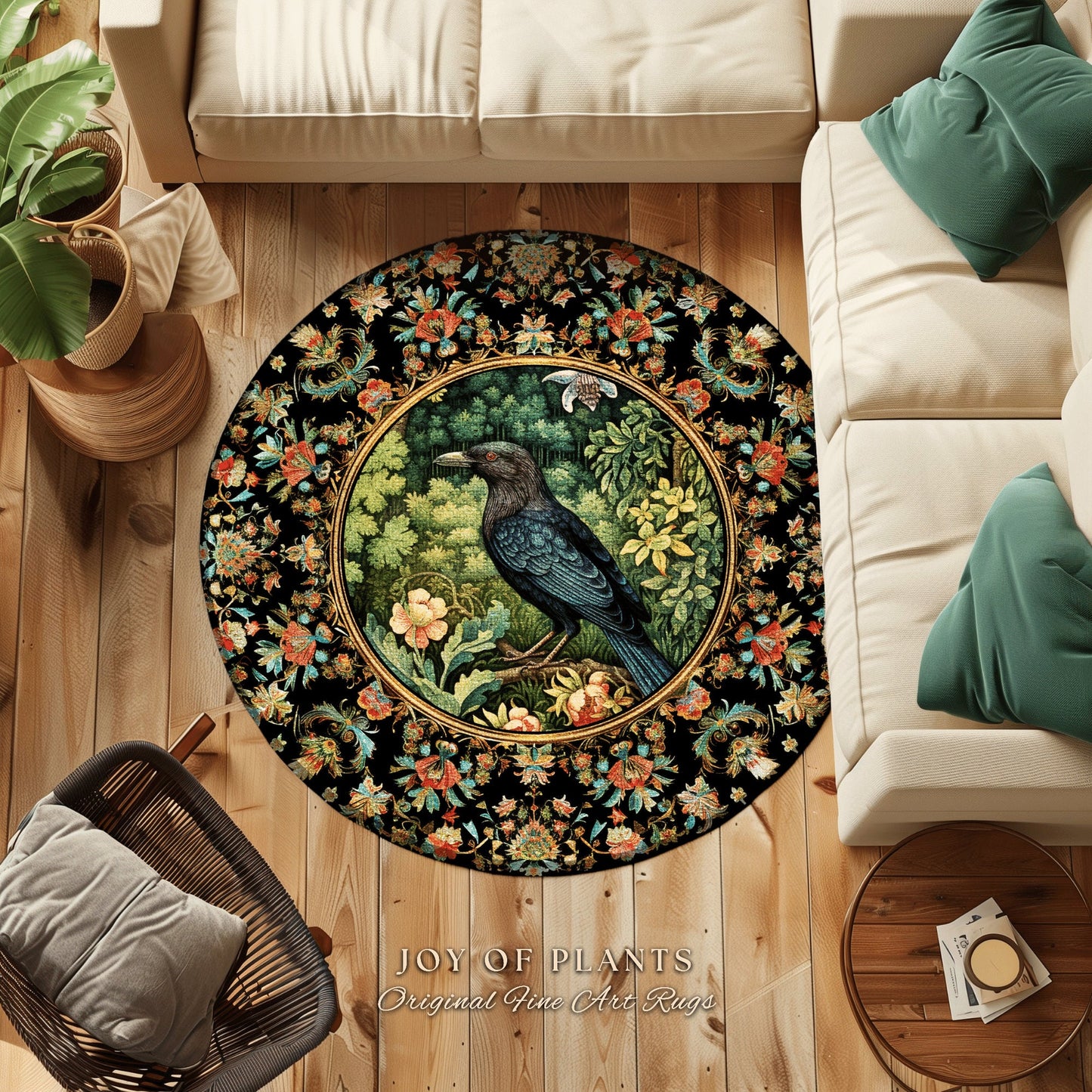 Cozy Aesthetic Crow Rug | Witchy Bedroom Decor William Morris Inspired Cottagecore Room Dark Academia Style Rug Mystical Crowcore Art |