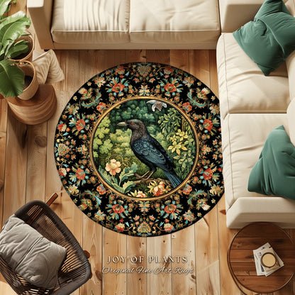 Cozy Aesthetic Crow Rug | Witchy Bedroom Decor William Morris Inspired Cottagecore Room Dark Academia Style Rug Mystical Crowcore Art |