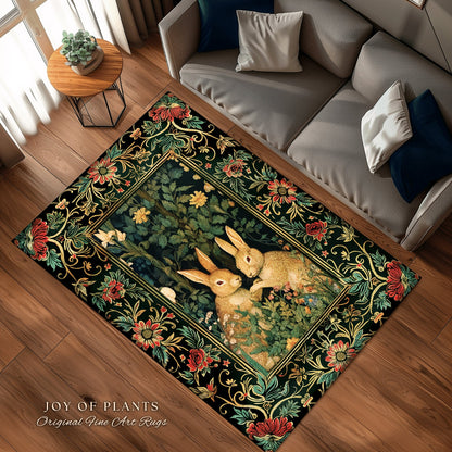 Fairycore Rabbit Decor Rug | Botanical Bedroom Decor William Morris Inspired Cottagecore Room Light Academia Livingroom Rug Woodland Home